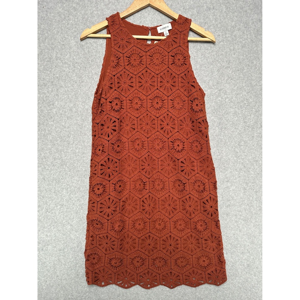 Evereve Brooklyn Crochet Dress‎ Rust Brown Geometric Floral Lace Shift Womens S